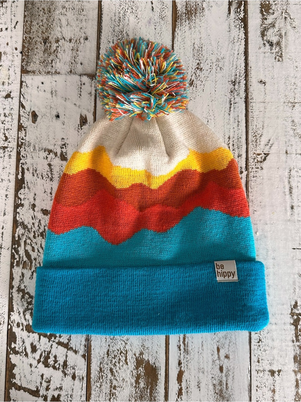 Be Hippy Pom Knit Beanie - Turquoise, Red, Yellow & Cream